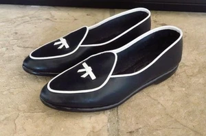 NEW Womens BELGIAN Midinette Deep Navy Blue White Bow Trim Loafers Shoes 6 W - Picture 1 of 4
