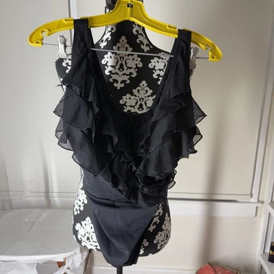 NWT Inches Away by Longitude 10 Black Ruffled Surplice Neck Built In Bra $79 - Image 1 of 4
