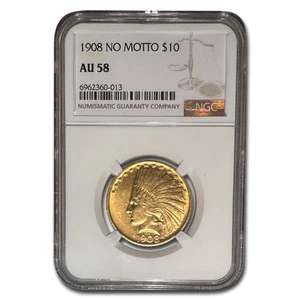 1908 $10 Indian Gold Eagle No Motto AU-58 NGC - Picture 1 of 3