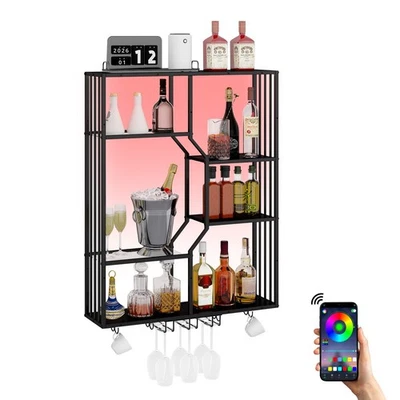 Wall Mounted Wine Rack RGB Lighted Storage Shelf Cabinet Bar Floating Holder - Image 1 of 4