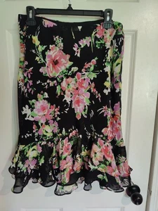 Chaps Black Floral Ruffle Hem Pull On Knee/Midi Skirt M/L - Picture 1 of 4