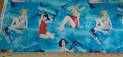 HI-FASHION Fabric - BEACH BABIES - Sexy Pin-up Girls on Blue - 22" REMNANT - Image 1 of 2