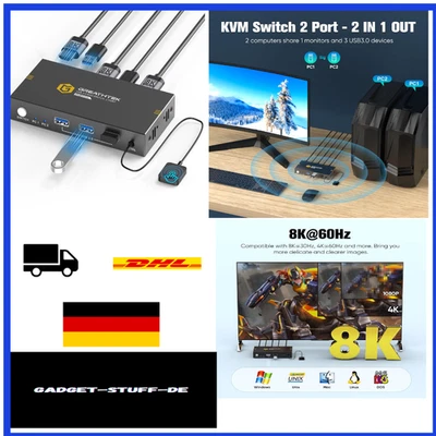 8K HDMI KVM Switch 2 PC 1 Monitor | USB 3.0 | Adaptive EDID - Bild 1 von 4