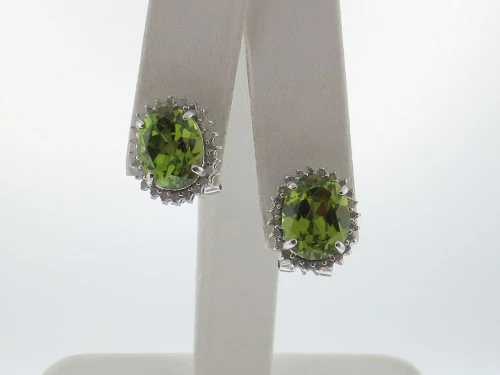 Simulated Peridots Genuine Diamonds HALO Solid 14K White Gold Earrings - Image 1 of 4