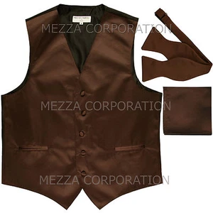 New Men's Brown vest Tuxedo Waistcoat self tie bow tie and hankie set wedding - Picture 1 of 5