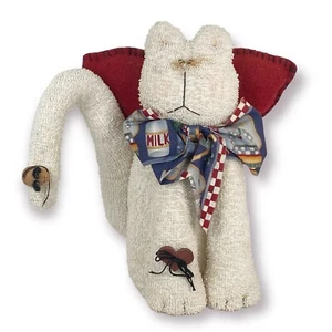 Peluche de gato inusual con pequeño ratón de madera en la cola y pajarita de leche - Imagen 1 de 2