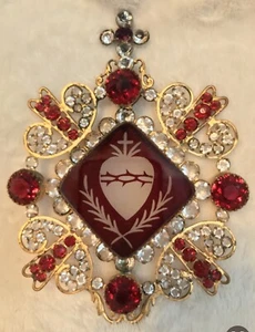 Antik 1880er Jahre religiös rot böhmisch Glas Strass Reliquiar HEILIGES HERZ - Bild 1 von 12