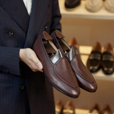 Mocasines sin cordones estilo belga italiano para hombre vestido formal zapatos de cuero real  Foto 1 de 4