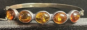 VTG Baltic Poland Cognac Amber 925 Sterling Silver Hinged  Bracelet W/inclusions - Picture 1 of 9