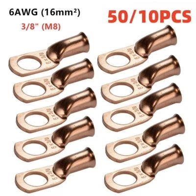 6 AWG 3/8" Hole Ring Purple Copper Terminals Lug Bare Uninsulated Connectors 50x - Image 1 of 4