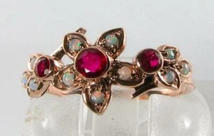 9K 9CT ROSE GOLD RUBY OPAL FLOWER DAISY CLUSTER ETERNITY RING FREE RESIZE - Picture 1 of 6