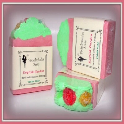 Handmade Soap 6 oz. PixieBubbles ENGLISH GARDEN VEGAN Coconut Oil Shea & Kaolin - Image 1 of 4