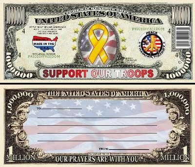 Support Our Troops Million Dollar Bill Play Funny Money Novelty with FREE SLEEVE