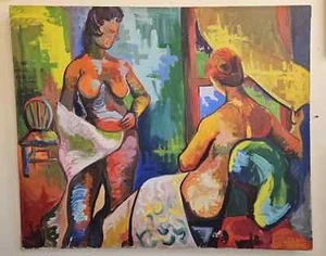 Vintage Mid Century Modern Oil on Canvas Nude Painting two women - Picture 1 of 10