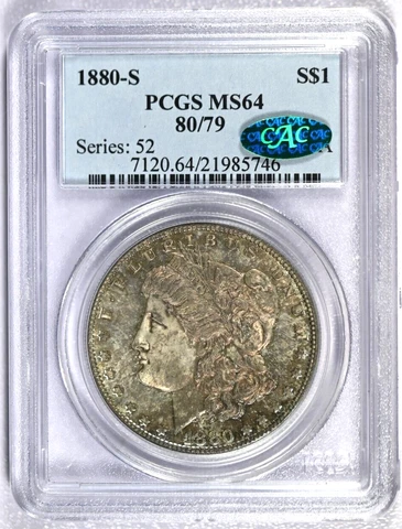 1880-S PCGS MS64 80/79 Morgan Dollar with Green CAC Label-Looks PL Under Toning Cover