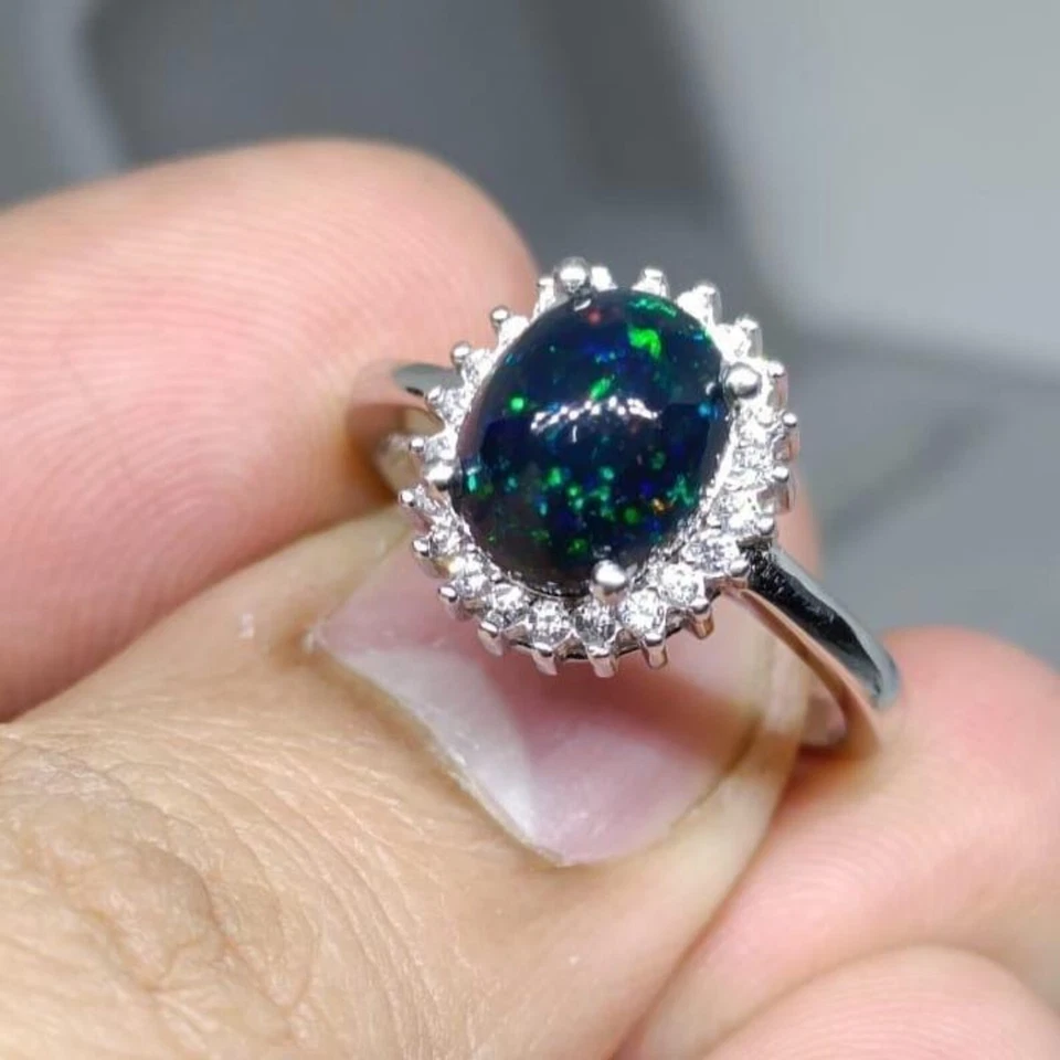 6Ct Oval Cut Black Opal Ring 14k White Gold Fire Opal Christmas Ring for Women's - Image 1 of 2