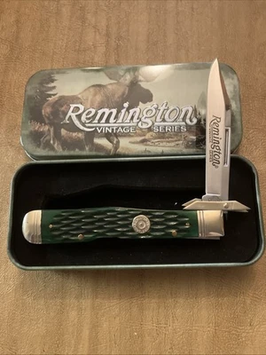 Cuchillo de Bolsillo Remington Protector Oscilante Mango Hueso Verde Estuche de Lata Serie Vintage Foto 1 de 4