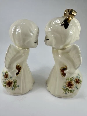 Kissing Ceramic Angel Figurines 7.5” Tall White with Gold Accents Floral Decal - Image 1 of 4