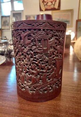 19th Century Antique Chinese Highly Carved Bamboo Brush Pot Around 1880 • 876.91$