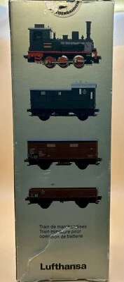 RARE Ltd Ed NIB N Minitrix Lufthansa Steam Freight Locomotive+3 Freight Cars Set - Image 1 of 4