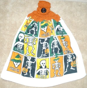 1 Crochet Top Hanging Kitchen Towel Halloween skeletons 15 frame, Single orange - Picture 1 of 1