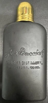 JACK DANIELS Matte Black Glass Flask decanter w/Gold Brass Shot Top VINTAGE (Z8) - Image 1 of 4