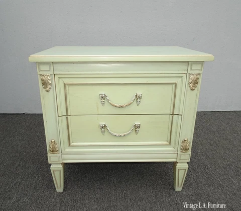 Vintage French Louis Style Lite Green Nightstand w Brass Handles Cover