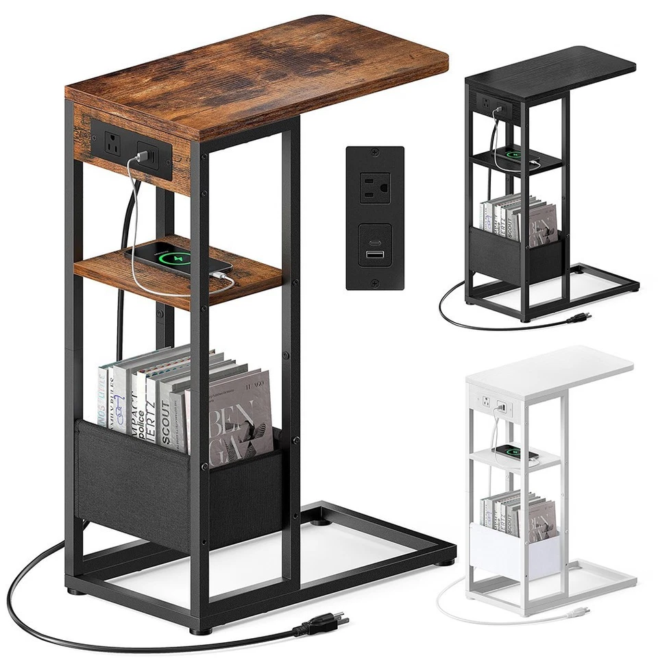 C Shaped End Table w/Charging Station,Small Side Table Fo Couch Recliner Sofa US - Image 1 of 1