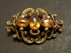 Antique Mid Victorian Brass & Faux Orange Topaz Scrolling Brooch - 5.5cm Wide - Picture 1 of 22