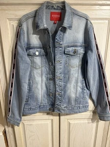 Guess Men's Medium Blue Denim Logo Sleeve Stripe Jacket Vintage - Picture 1 of 10