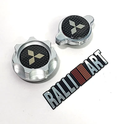 SILVER ENGINE OIL CAP + RADIATOR CAP CARBON FIBER FOR MITSUBISHI RALLIART TURBO - Image 1 of 4