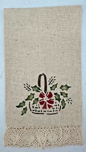 Handmade Americana Stenciled Holly Basket Beige Linen Crochet Edge Kitchen Towel - Picture 1 of 5