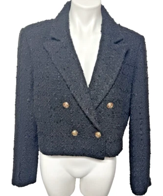 Charlie Paige Women's Black Tweed Woven Short Blazer Jacket Sz Large Fringe - Image 1 of 4