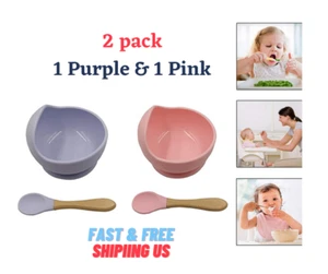 2 Pieces BPA Free Silicone Waterproof Baby Suction Cup Base Bowl Training Spoon - Picture 1 of 12