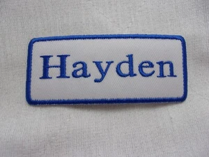 HAYDEN NEW EMBROIDERED SEW / IRON ON NAME PATCH BLUE ON WHITE - Picture 1 of 3