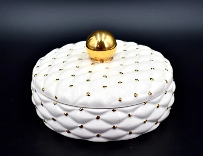 Caja de baratija estilo almohada dorada vintage, blanca, puntos dorados, perilla dorada, tapa, 6,4" d x 2" Foto 1 de 4