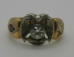 Antique 14K Gold 32nd Degree Double Headed Eagle w/ Diamond Masonic Ring Sz 9 - Picture 1 of 9