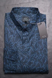 Armani Exchange A|X Men Signature Logo Slim Fit Dark Blue Stretch Cotton Shirt M - Picture 1 of 9