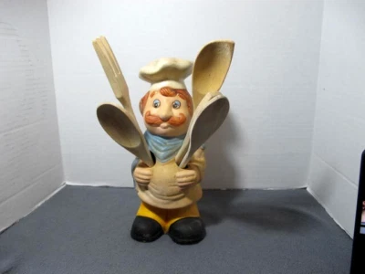 MCM Ceramic Chef Kitchen Wooden Utensil Holder Hand Painted Blue Yellow 11" - Image 1 of 4