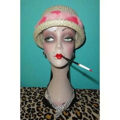 Sombrero de iglesia tejido blanco vintage con pinup de malla rosa retro rockabilly derby flapper Foto 1 de 4