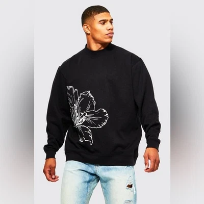 Sudadera de calle BoohooMAN negra de gran tamaño con estampado de flores dibujadas mediana M Foto 1 de 4