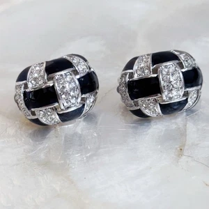 Vintage schwarz weiß kariert Emaille Strass 1/2 Creolen Clip auf Ohrringe Statement - Bild 1 von 12