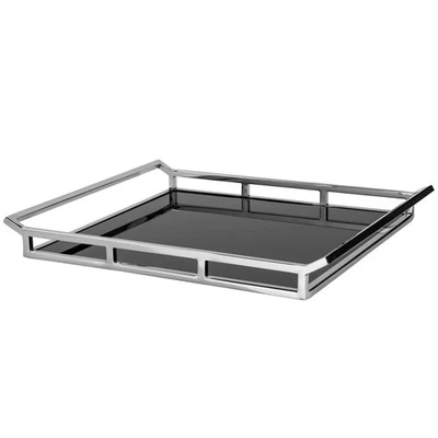 Fink Serviertablett 45x40 cm groß rechteckig Edelstahl-Tablett Schwarzglas-Boden - Bild 1 von 3