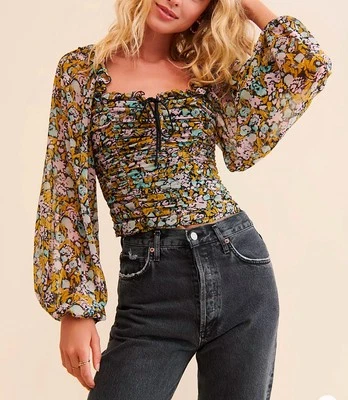 Free People Boho Acanalado Con Cordones Frontales Talla XS Manga Exagerada Estampado Floral Foto 1 de 4