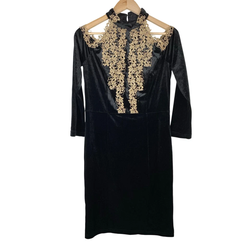 Vestido de cóctel Nikibiki para mujer L negro terciopelo dorado encaje lentejuelas hombro frío Foto 1 de 4