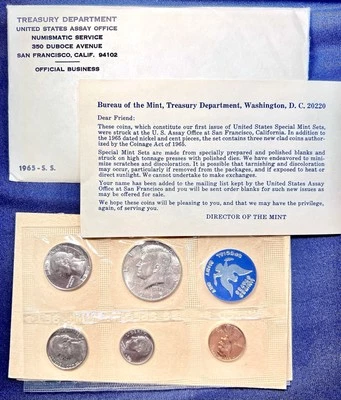 1965 SS 5 Coin SMS/Special Mint Set OGP+COA Director of San Francisco Mint Note - Image 1 of 3