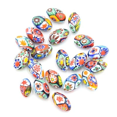 Millefiore Italian Glass Multicolored Hand Painted Oval Shape Beads Set Of 20 - Image 1 of 3