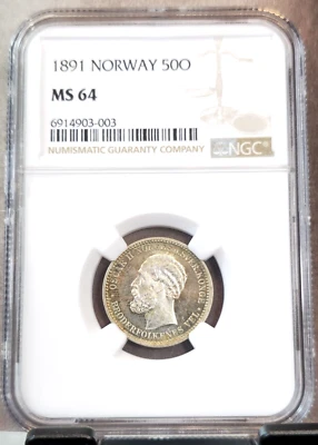 1891 NORWAY SILVER 50 ORE KING OSCAR II NGC MS 64 EXTREMELY RARE BU - Image 1 of 3