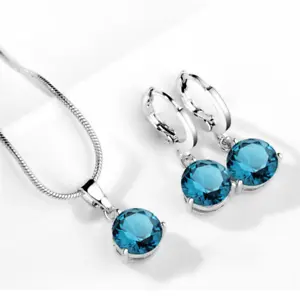 Women light blue Zircon Pendant Necklace Earrings Two piece Bride Jewelry Set  - Picture 1 of 7