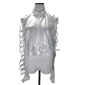 Lux LA Crop Jacket Size 2X Silver Holographic Full Zip Strappy Cutout Sleeves